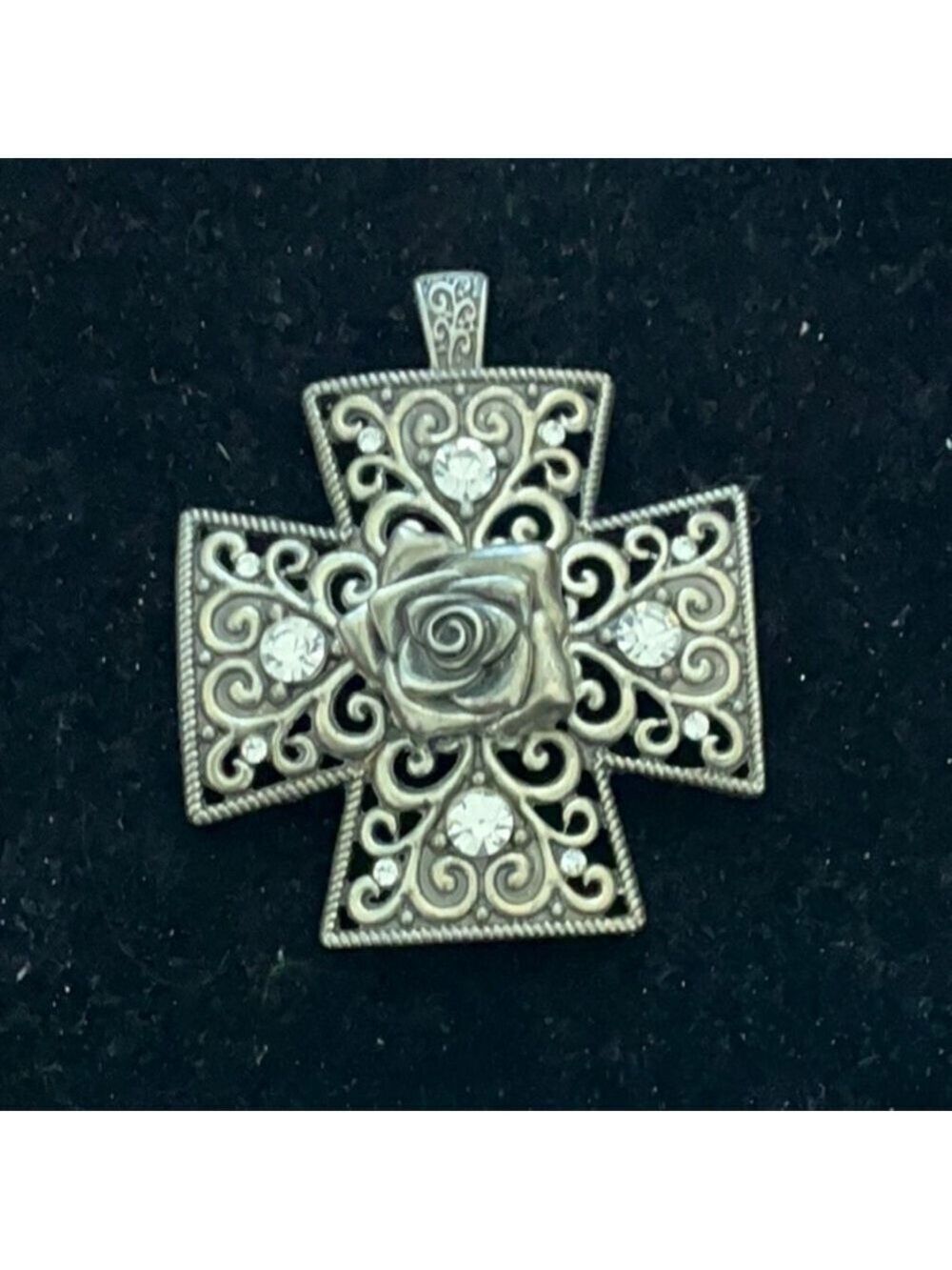 Vintage Silver Cross Pendant Rose Crystals - Picture 1 of 4